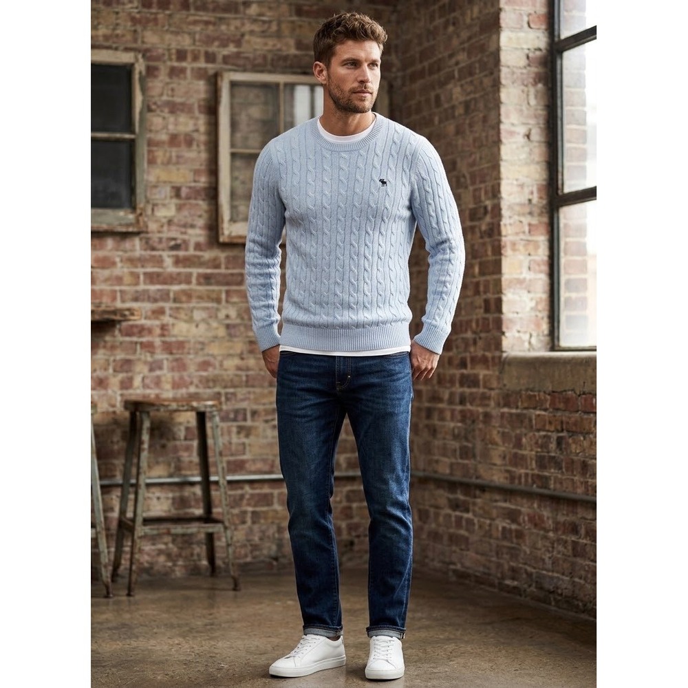 Abercrombie & Fitch Cable Knit Sweater Mens L Ice Blue Wool Blend Preppy Moose